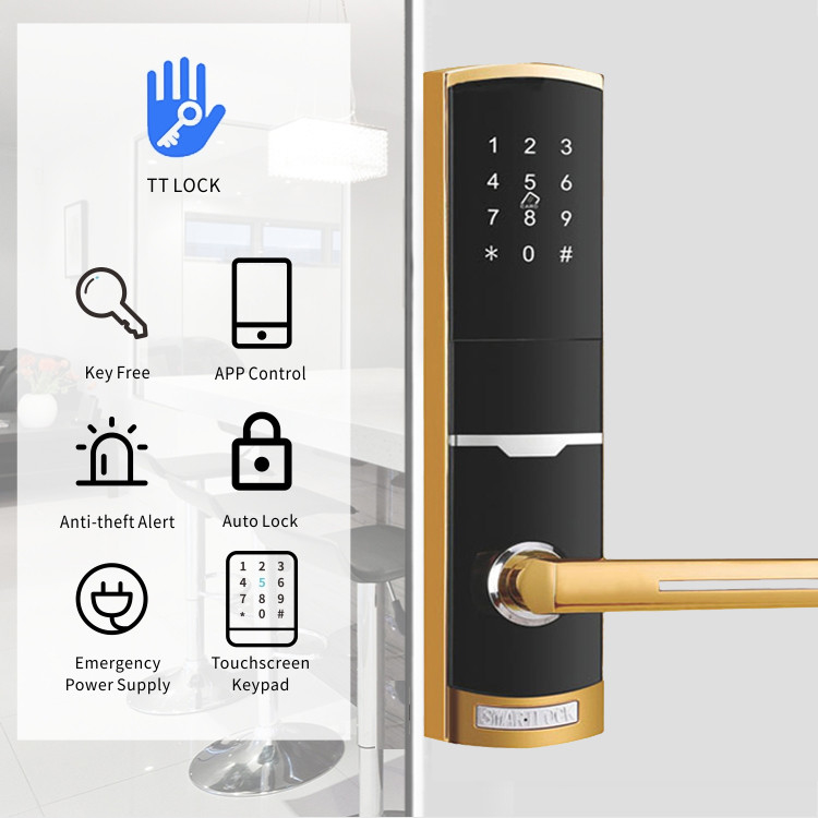 Couleur dorée contrôle à distance Smart Keypad verrouillage de porte avec TTlock application clé de carte